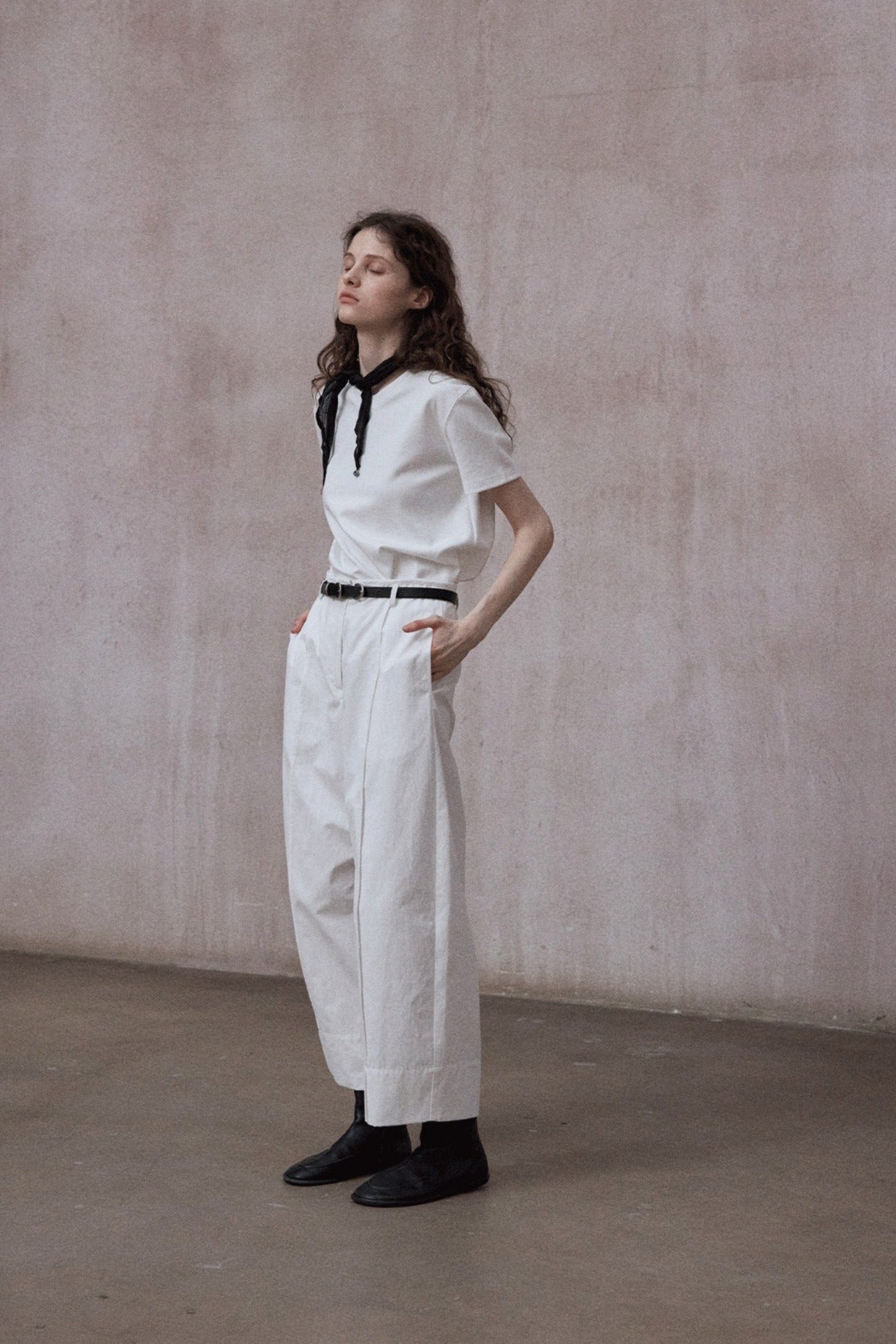 Cotton blend wide-leg slight curved pants | 4 color