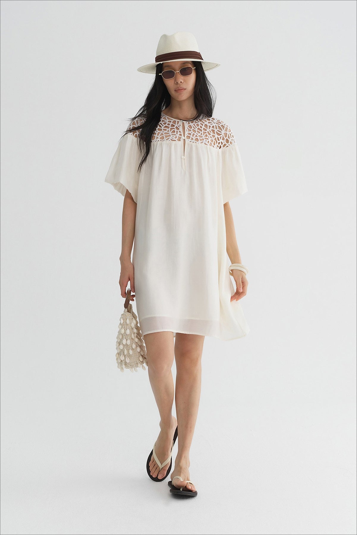 Openwork lace-panel shirtdress