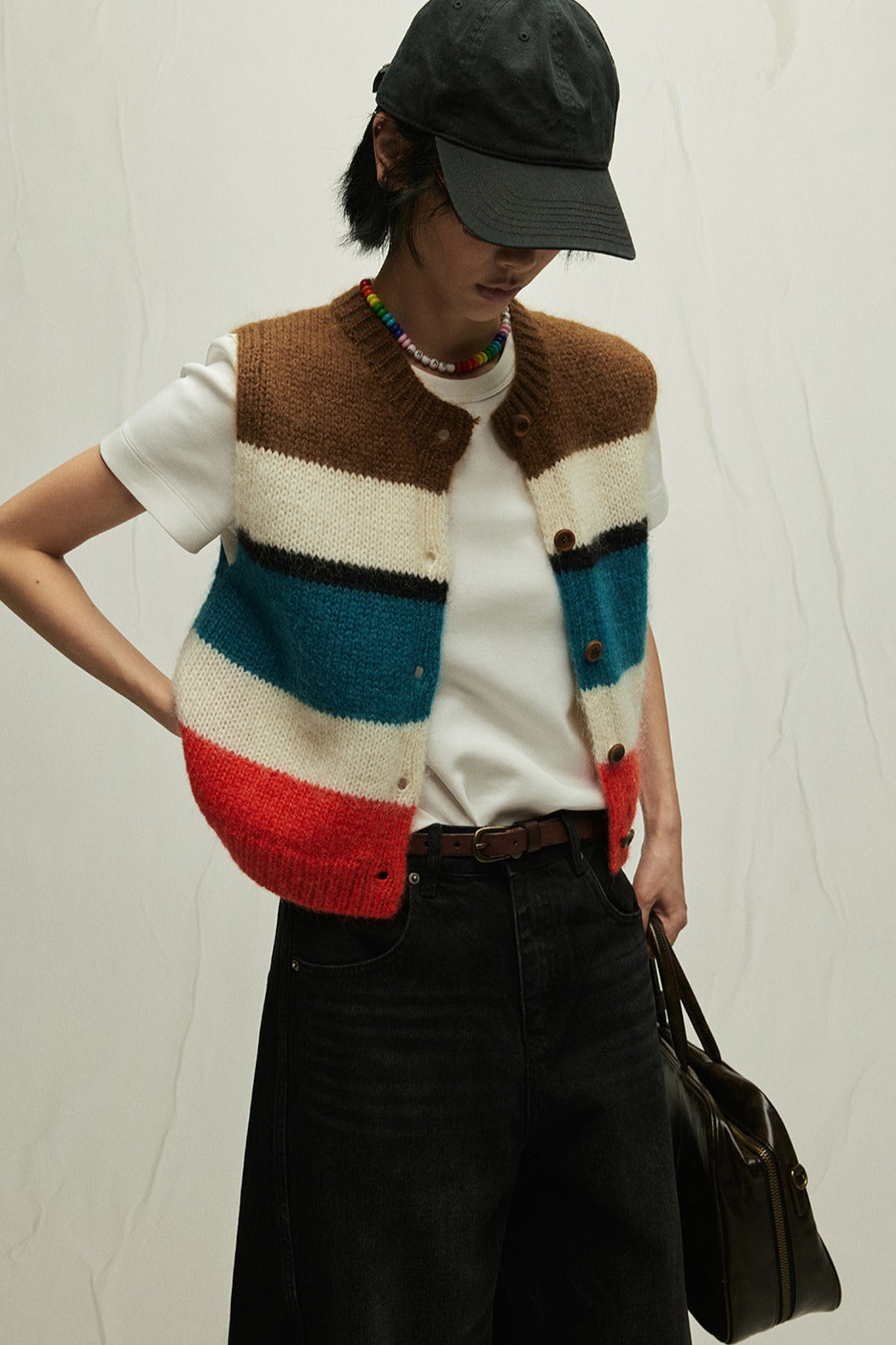 Wool blend fitted color-block striped vest | 3 color