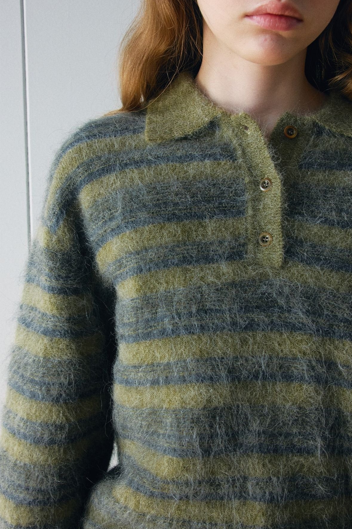 Alpaca blend striped long-hair polo sweater | 4 color