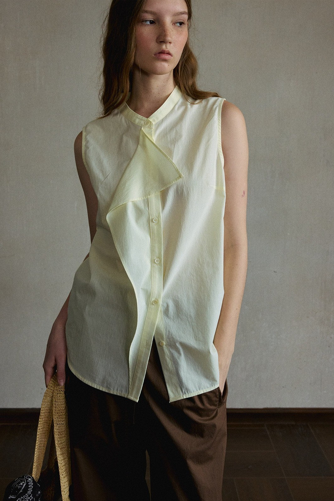 100% cotton asymmetric panel vest blouse | 4 color