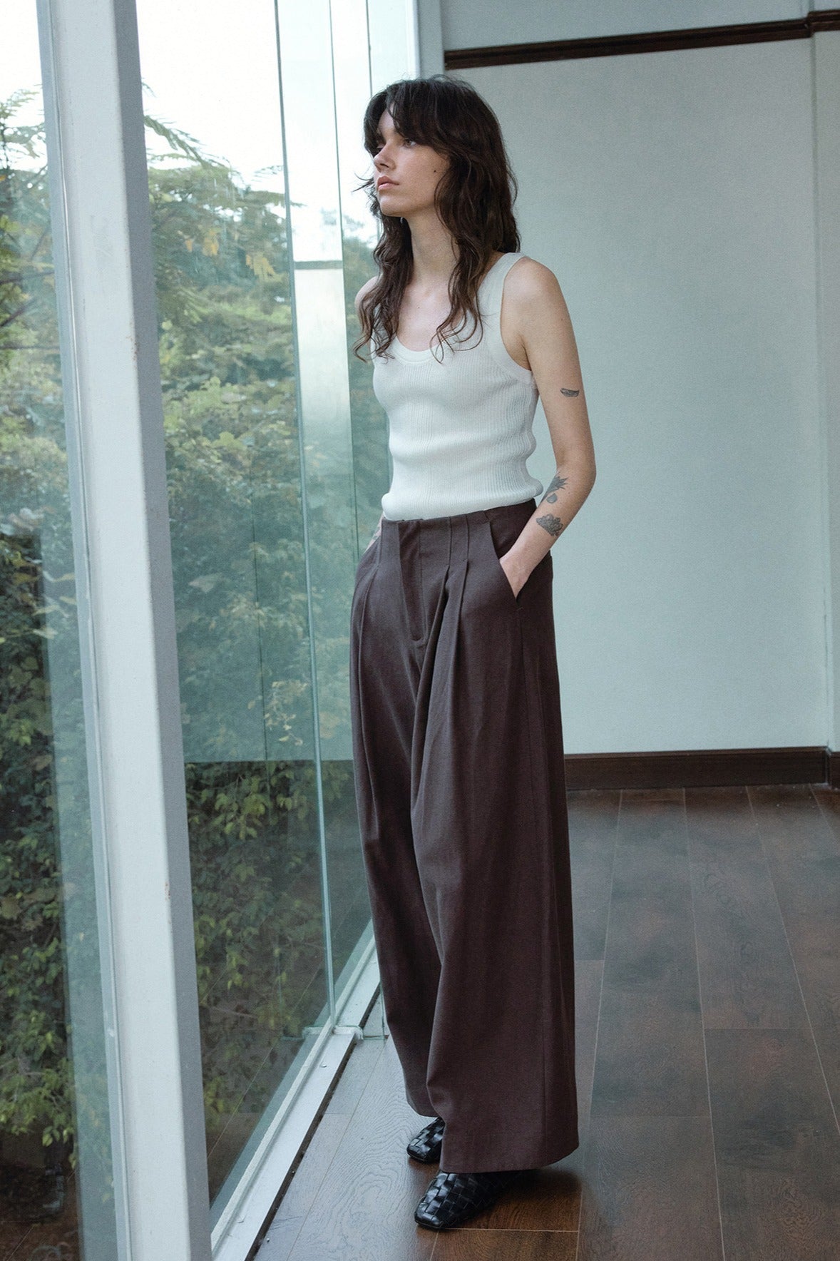 Cotton blend pleated waist casual wide leg pants | 3 color