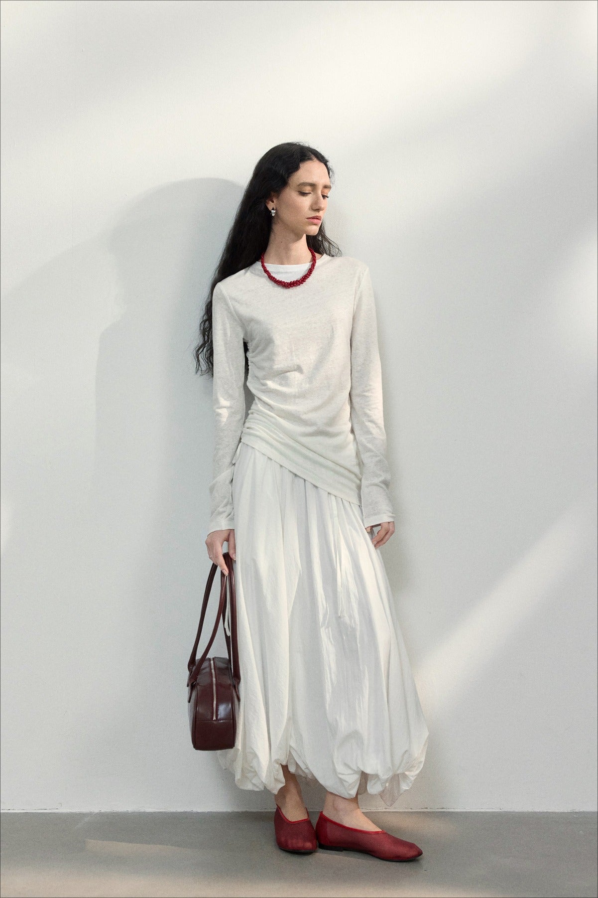 Linen-cotton asymmetric pleated knit top beige