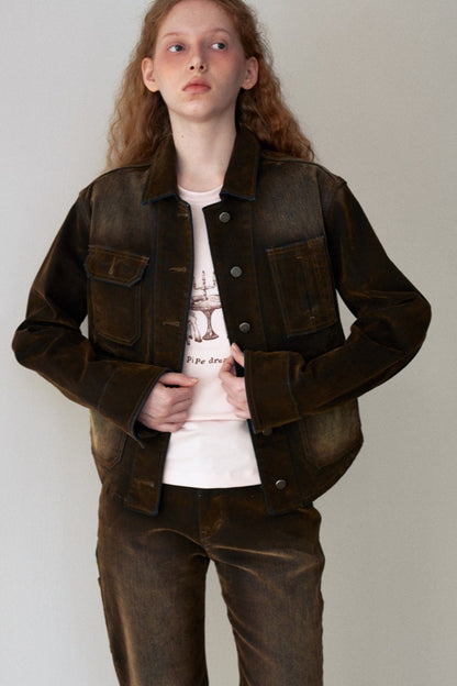 Vintage velvet-texture workwear denim jacket | 2 color
