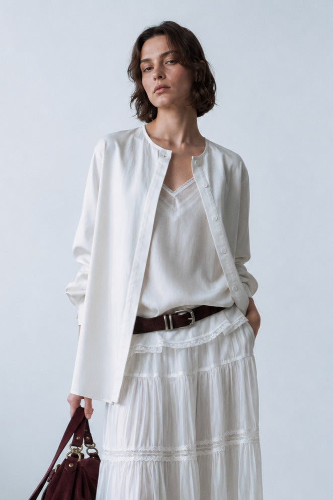 Lyocell-blend collarless shirt | 4 color