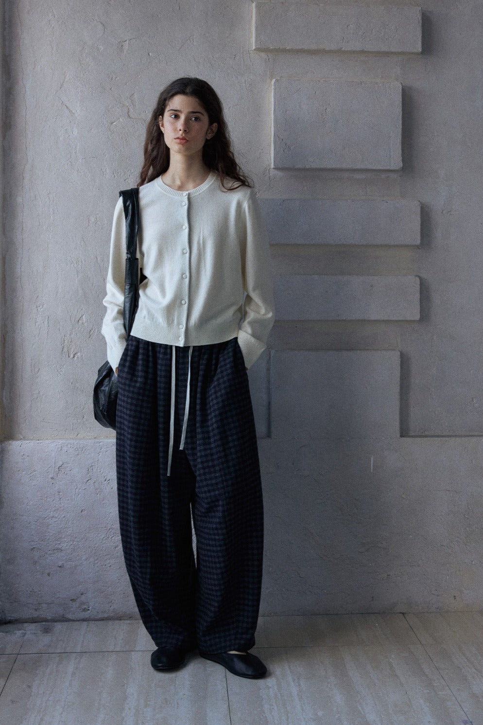 Wool blend check pattern loose structure pants | 2 color