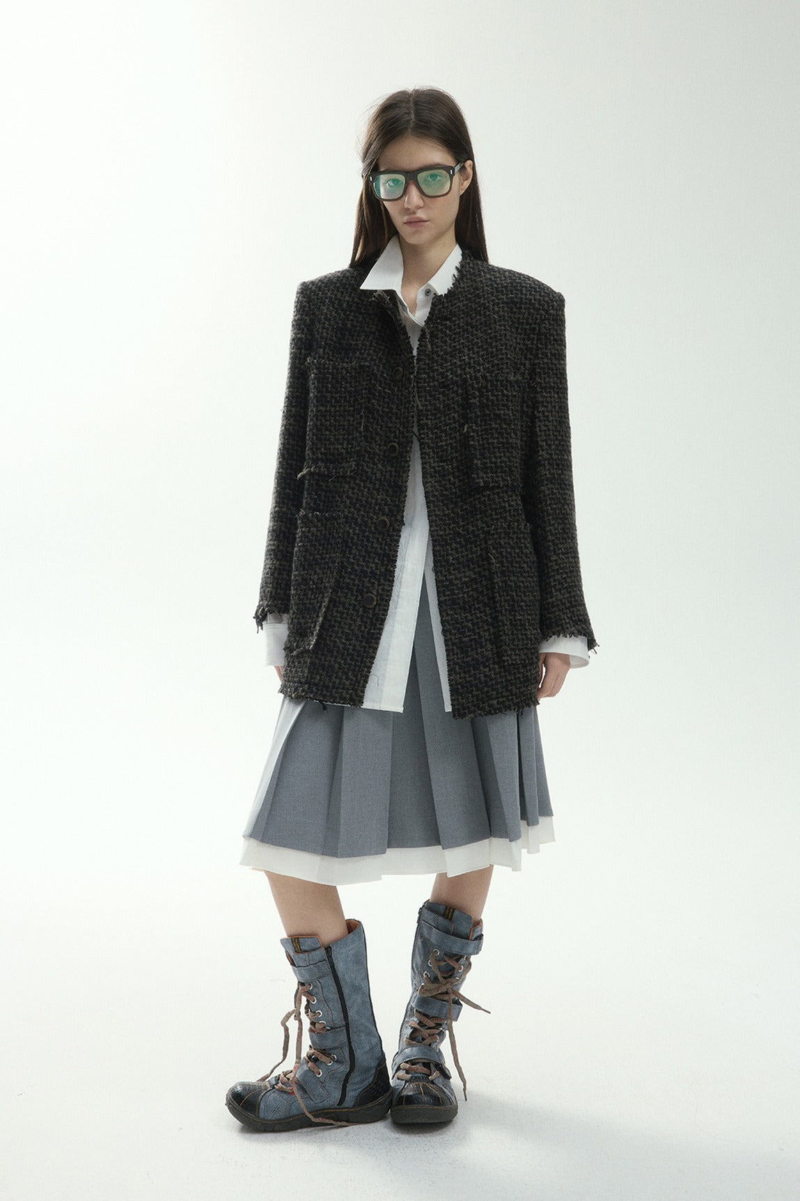 Wool blend textured fringed tweed jacket | 2 color