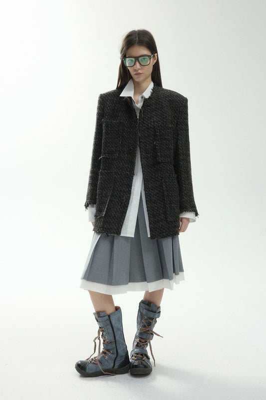 Wool blend textured fringed tweed jacket | 2 color