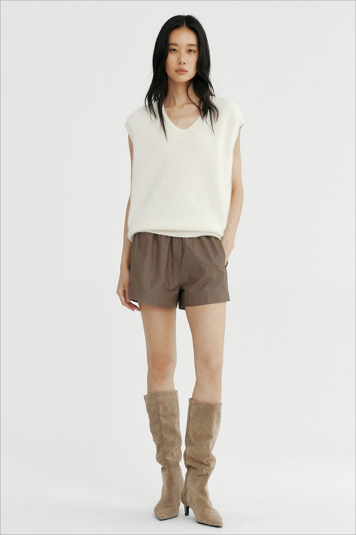 Wool blend long-hair soft V-neck vest | 3 color