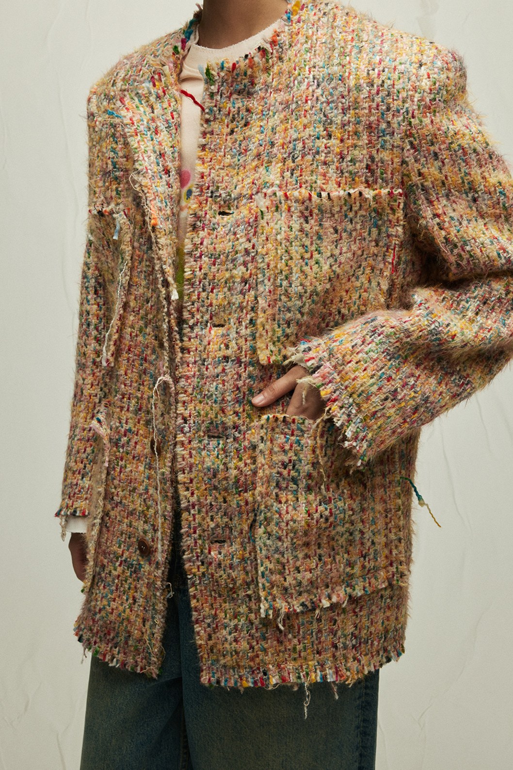 Wool blend textured fringed tweed jacket | 2 color