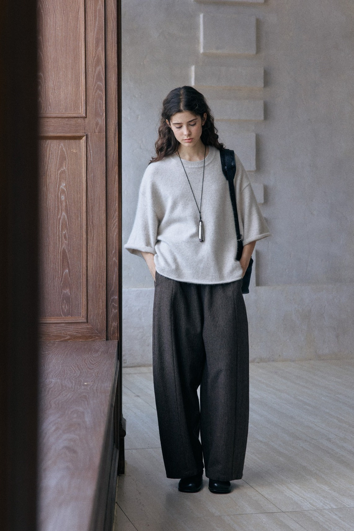 Wool containing loose-fit soft short-sleeve sweater | 3 color