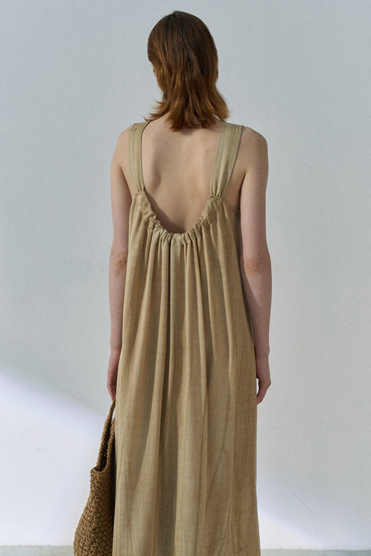 Lyocell U-neck pleated backless cocoon shaped vest dress | 3 color