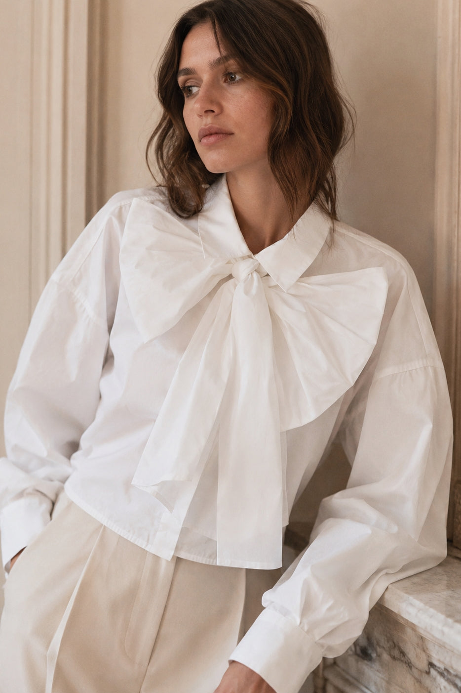 100% cotton short blouse with bow-tie | 2 color