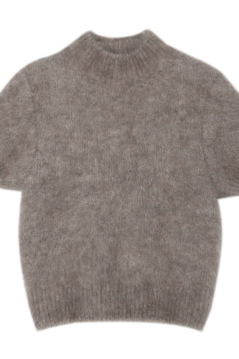 Cashmere-alpaca blend soft puffy short-sleeve sweater