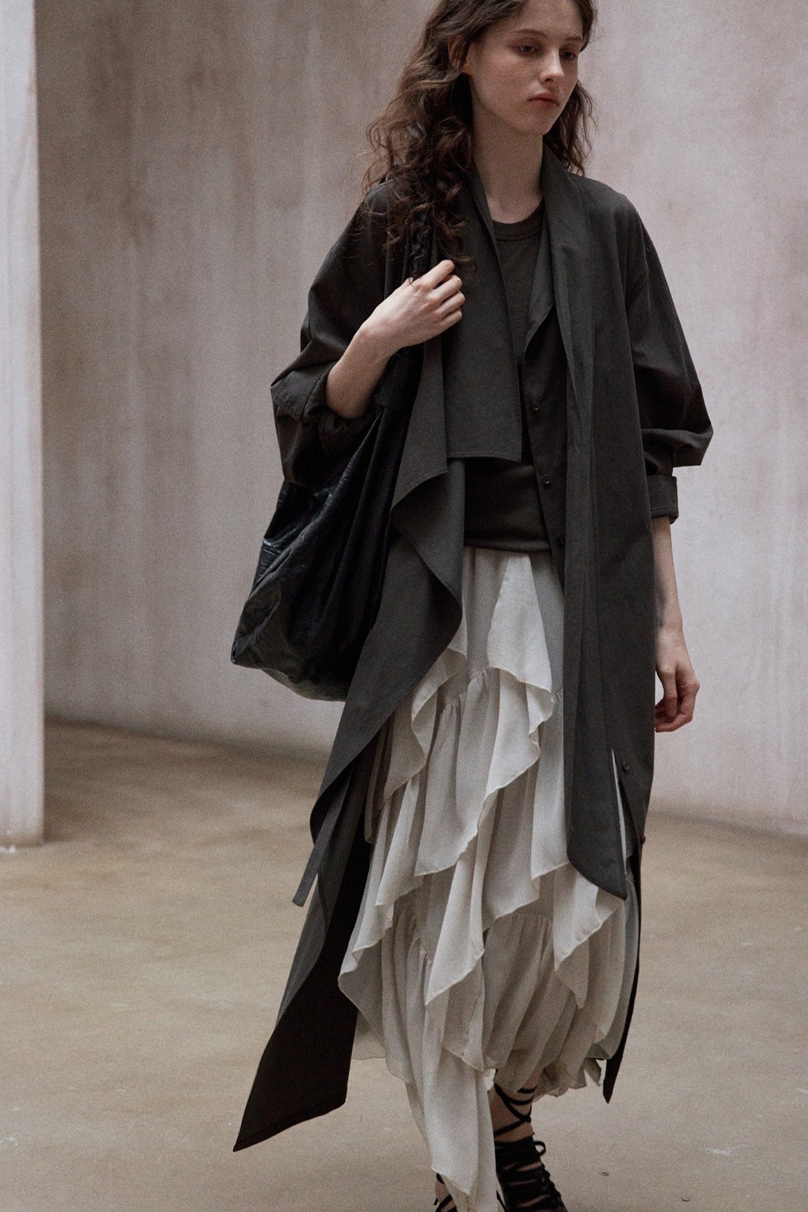 Cotton blend irregular flutter collar lightweight trench coat | 3 color