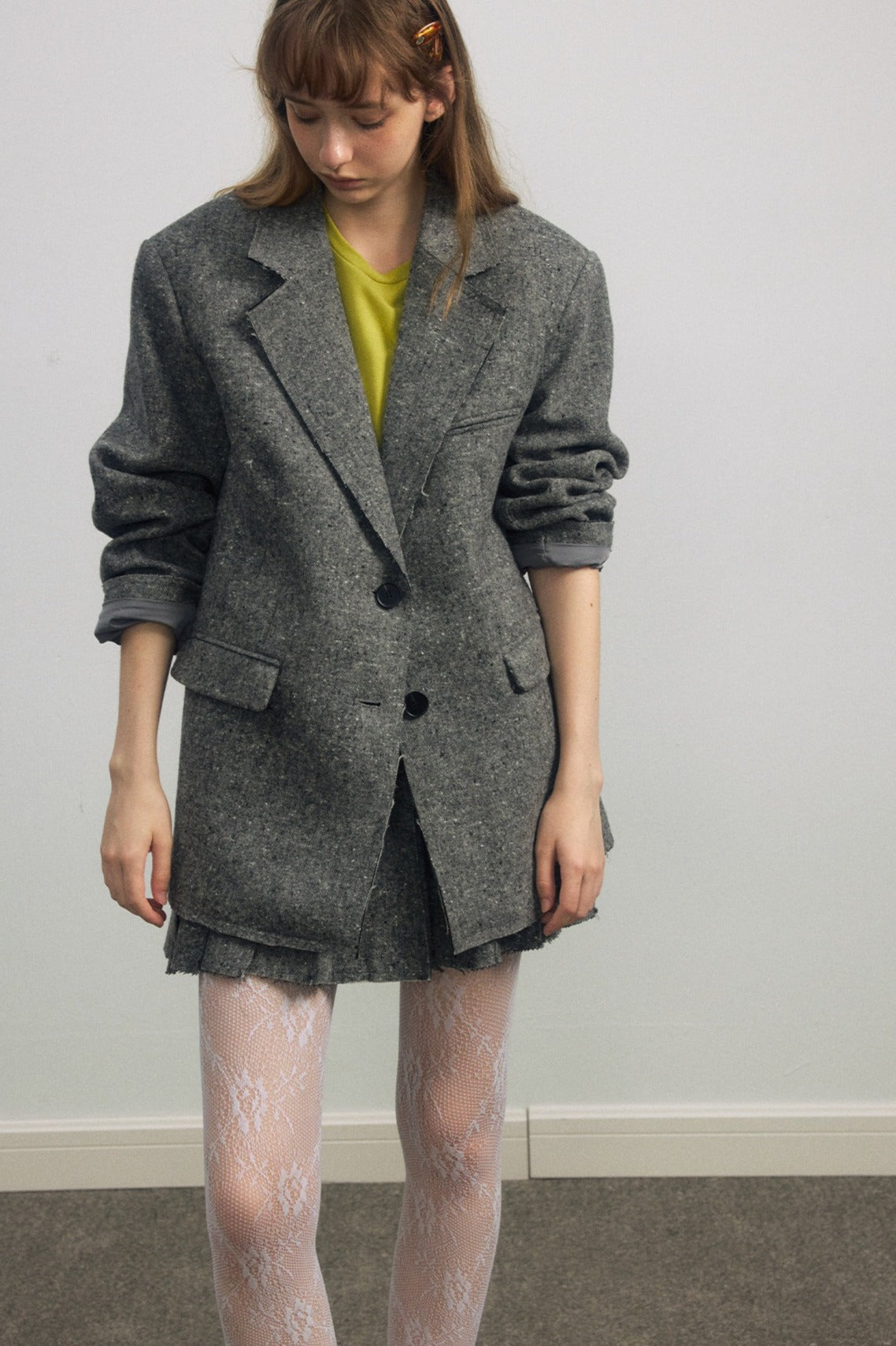 Wool riched structured sharp tweed blazer jacket | 2 color