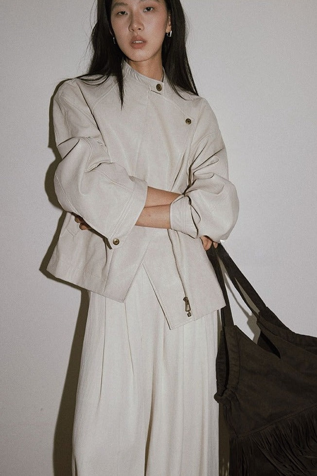 Pure minimalist asymmetric collar PU jacket