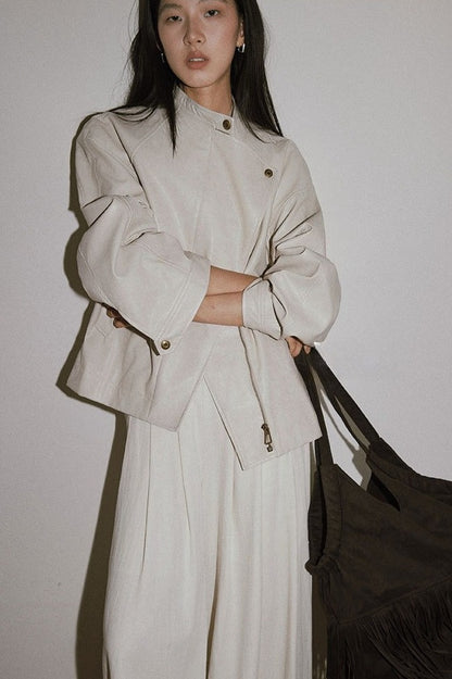 Pure minimalist asymmetric collar PU jacket | 2 color