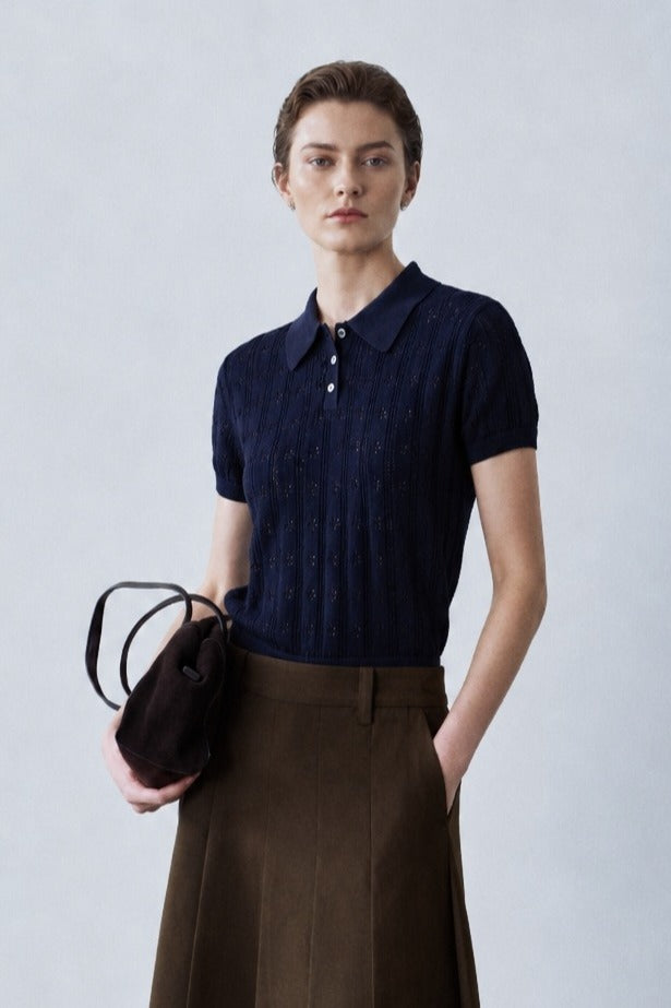 Openwork pointelle polo t-shirt | 3 color