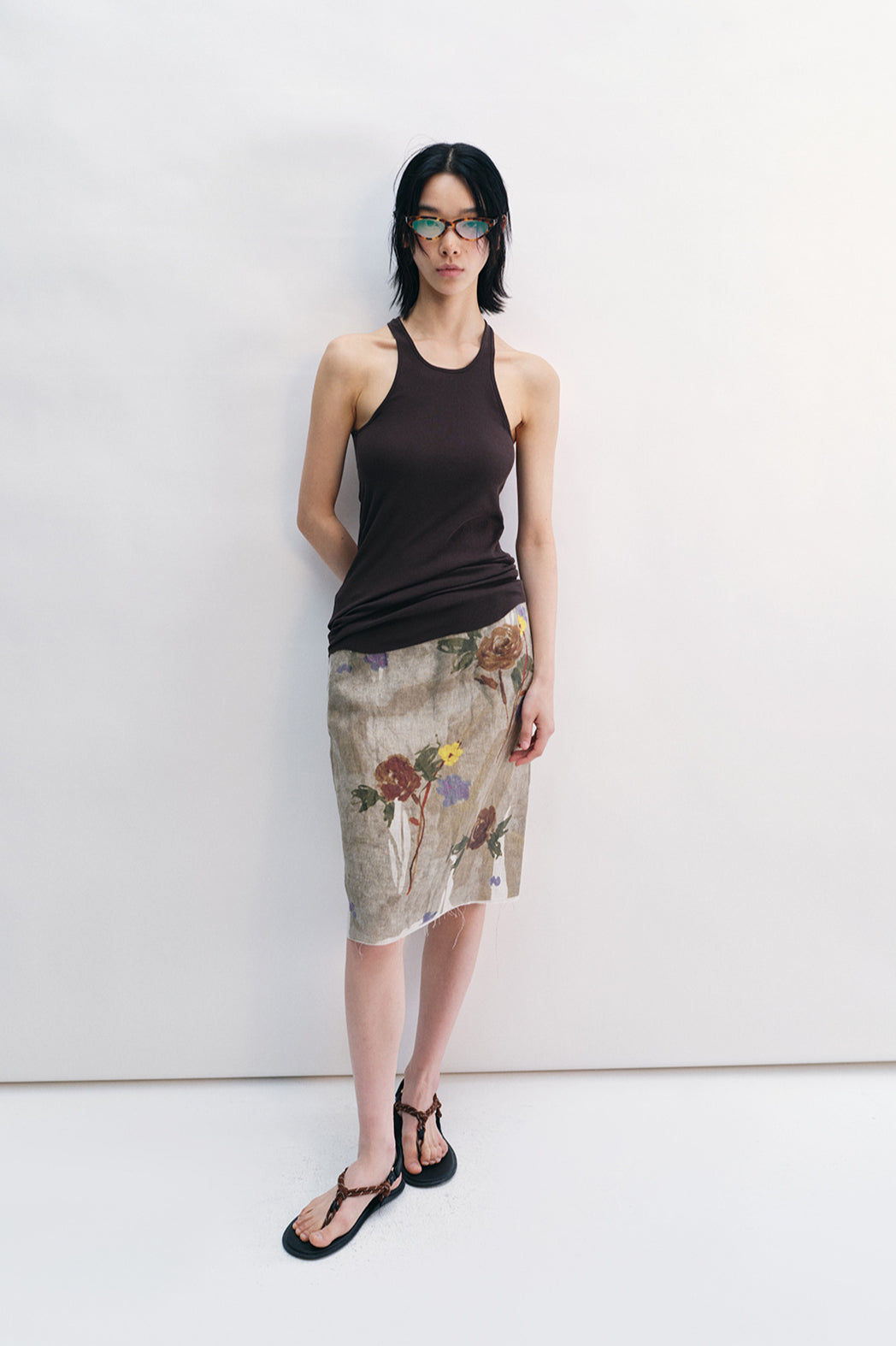 100% linen print raw edge straight skirt | 2 color