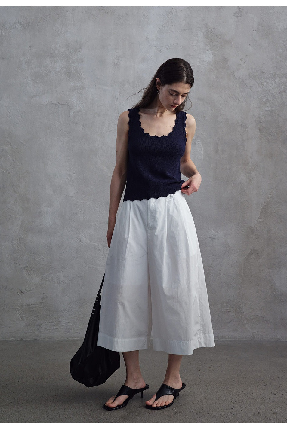 Cotton-blend relaxed wide-leg cropped pants | 3 color