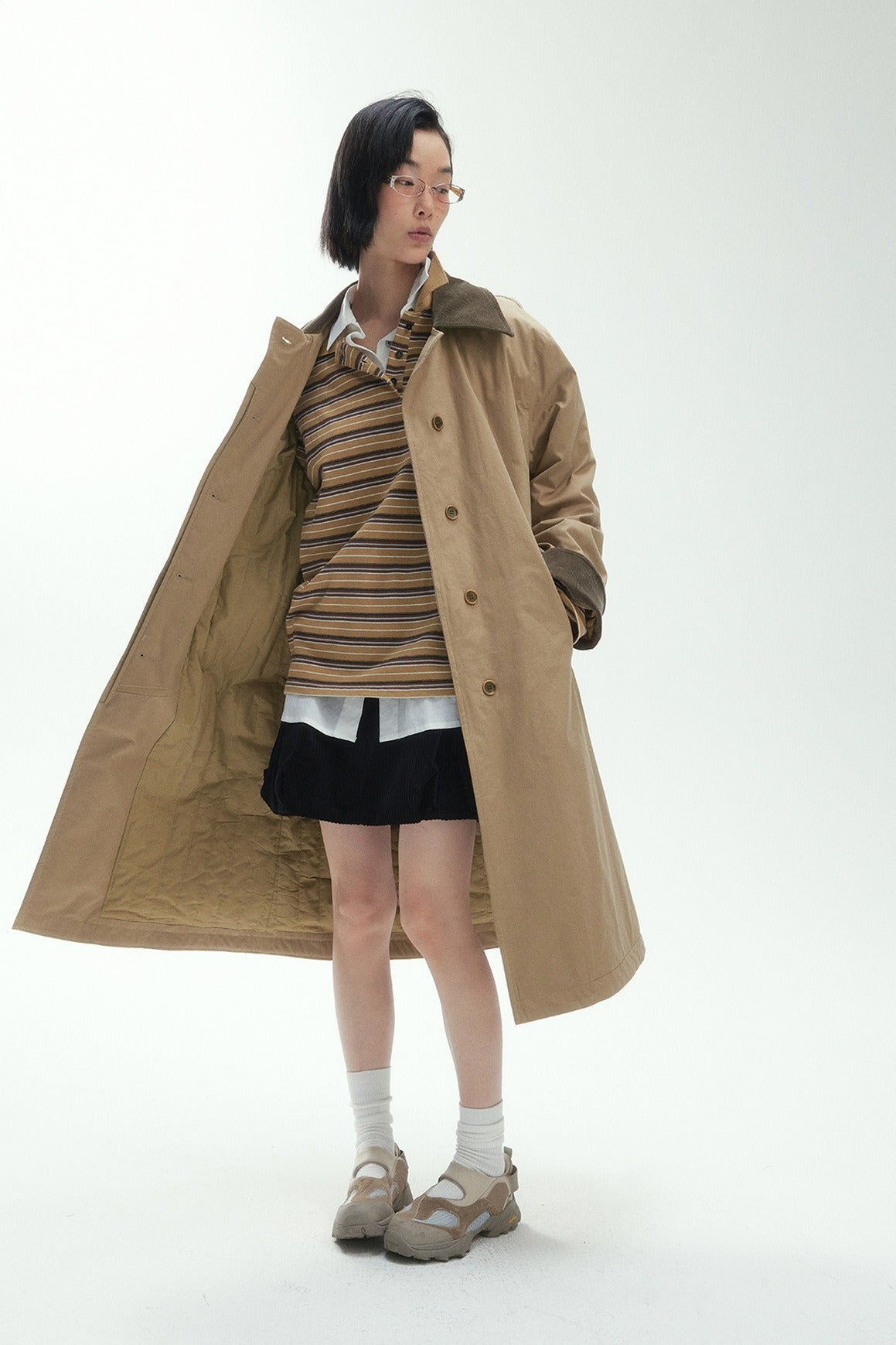 Cotton corduroy color-blocked long padded trench coat | 2 color