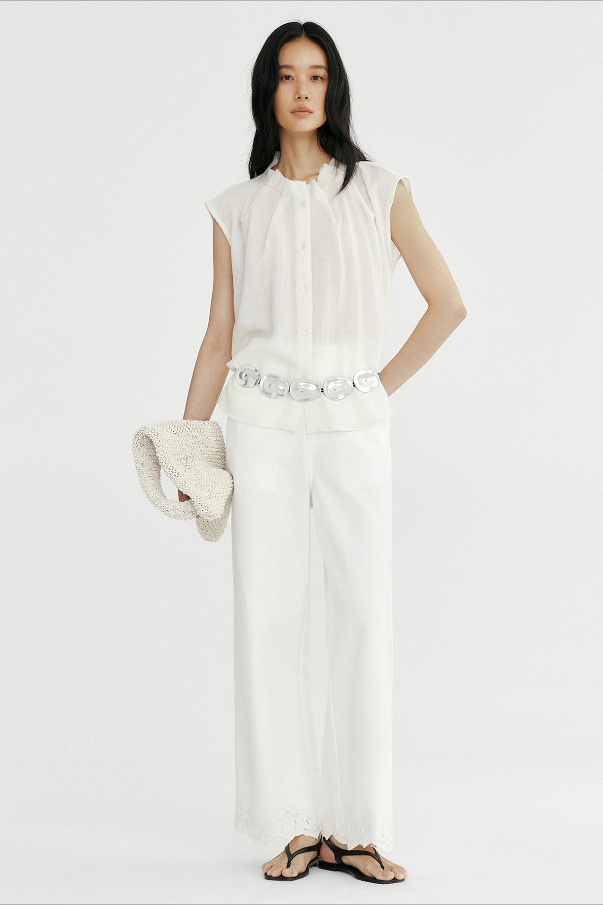 Woolen pleated collar petite fly sleeve sheer top