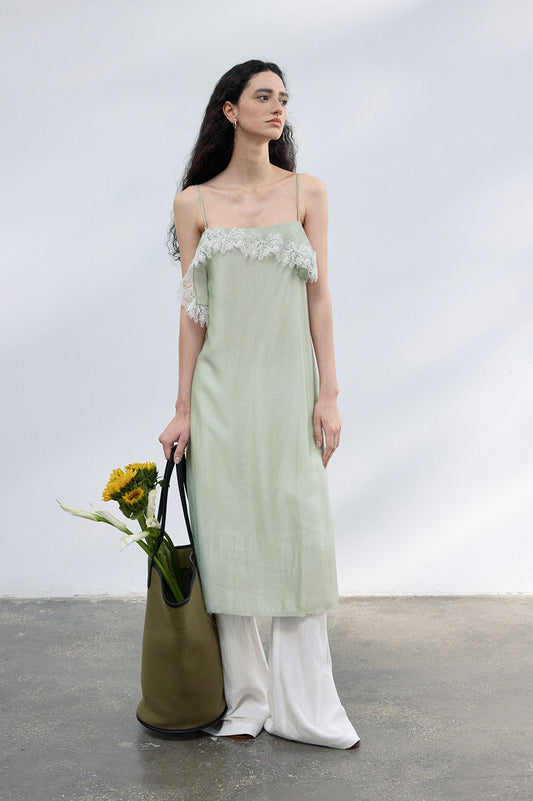 Lightweight lace trim raw-edge elegant dress with a belt | 3 color