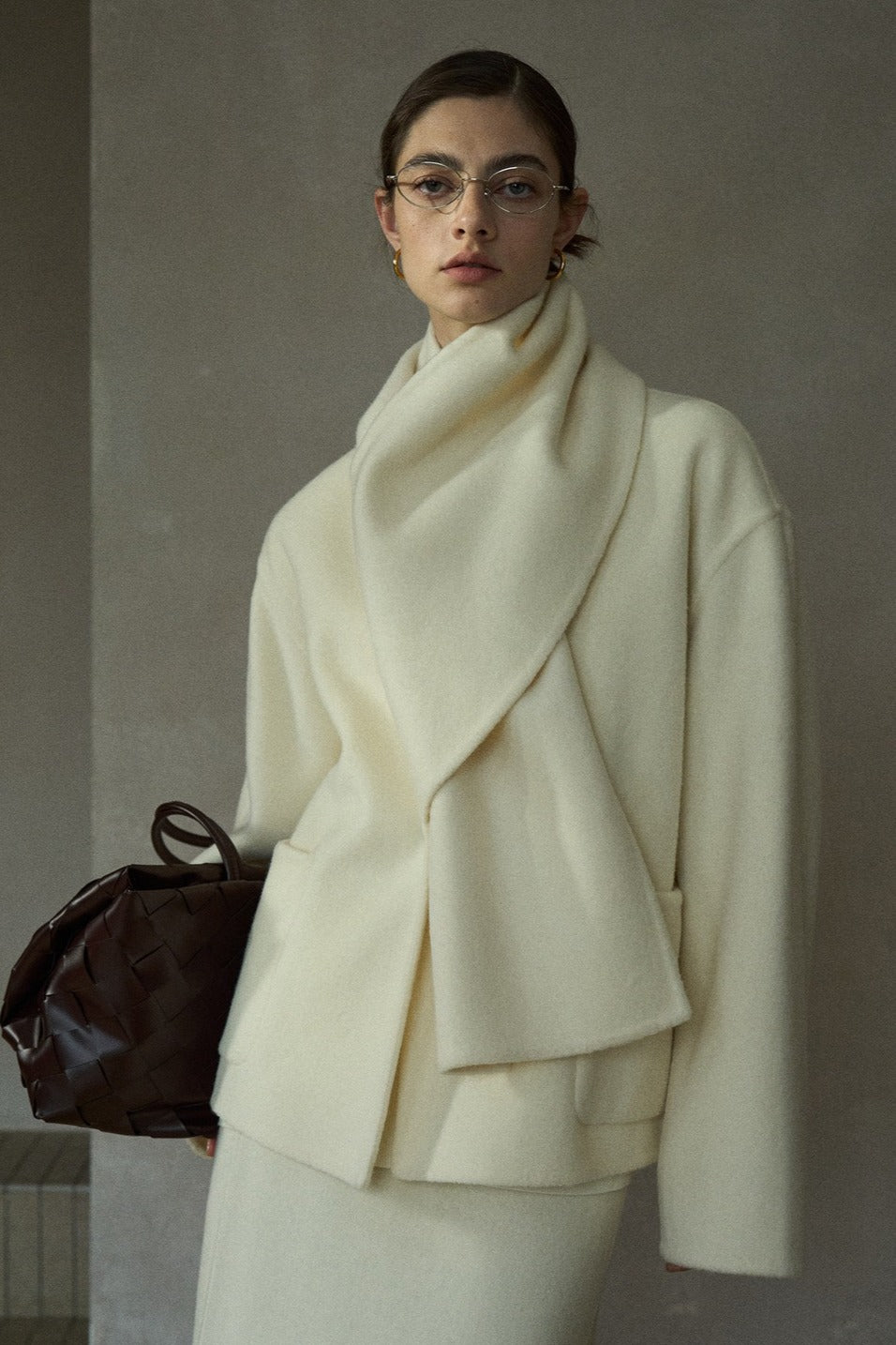 Wool-alpaca scarf-collar elegant jacket | 3 color