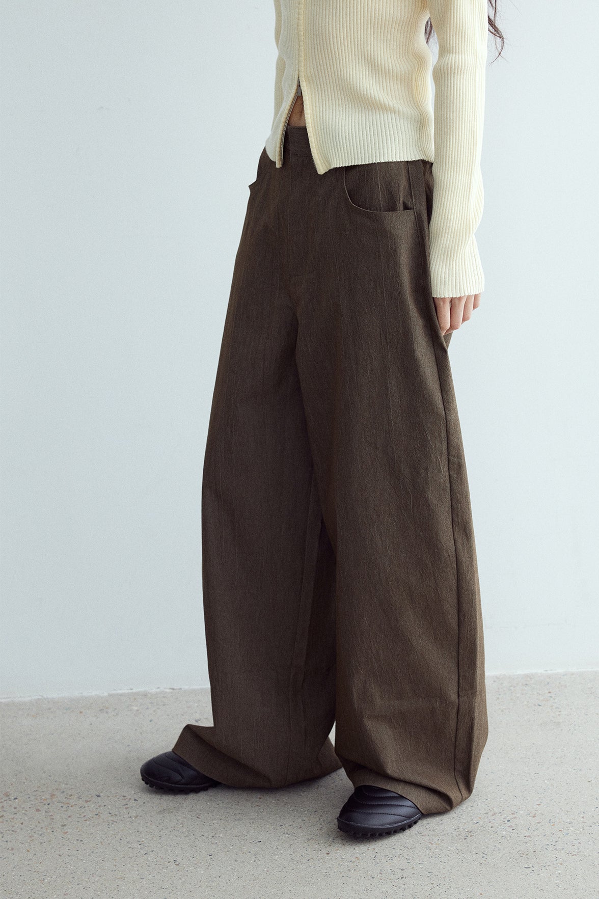 Cotton blend textured wide leg pants | 3 color