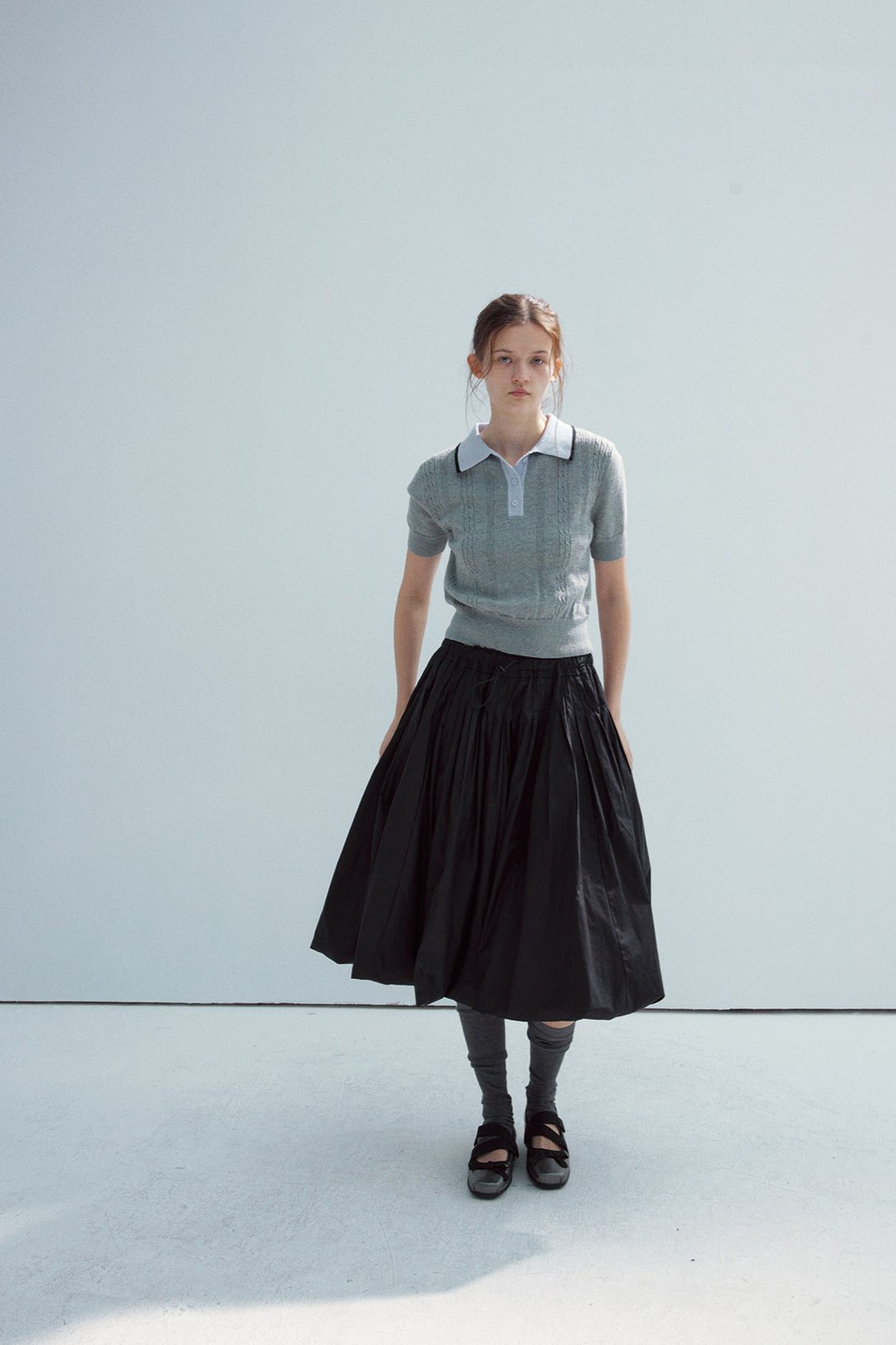 100% cotton elastic waist voluminous hem midi skirt | 2 color