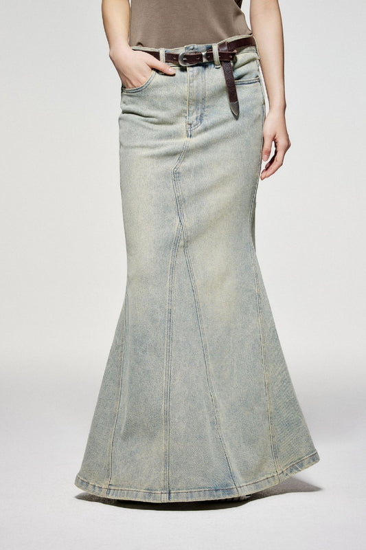 Cotton blend retro split fish tail denim skirt | 2 color