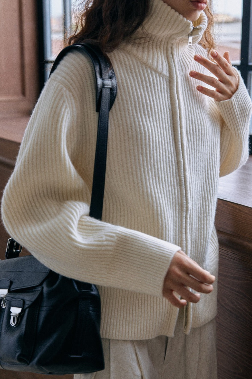 100% wool rib high collar dual-zipper cardigan