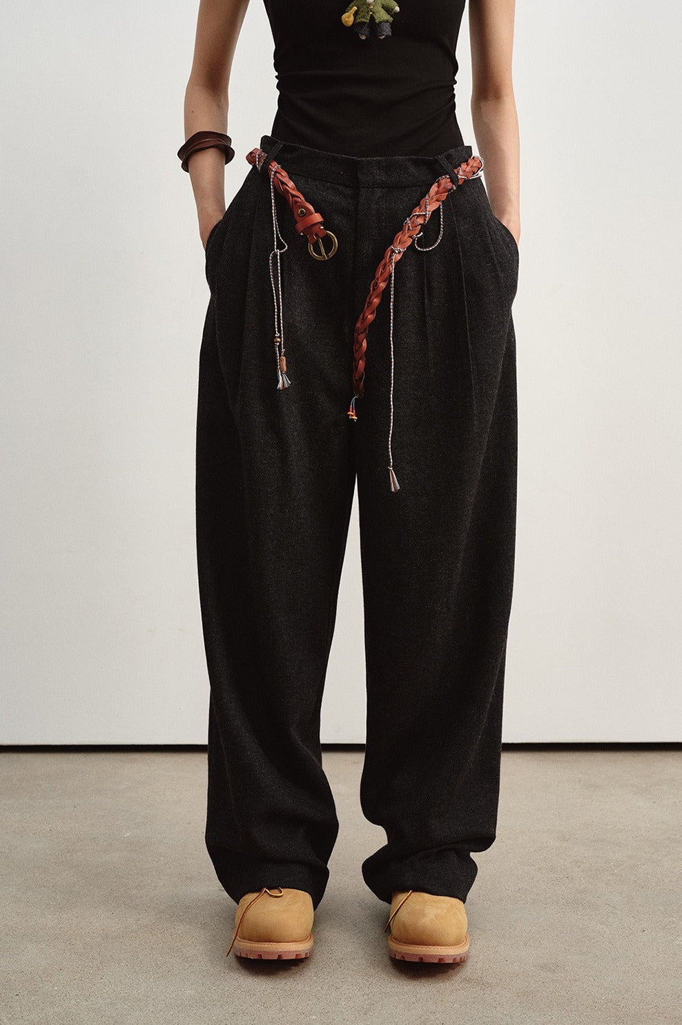 Wool blend herringbone pattern relaxed fit pants | 2 color