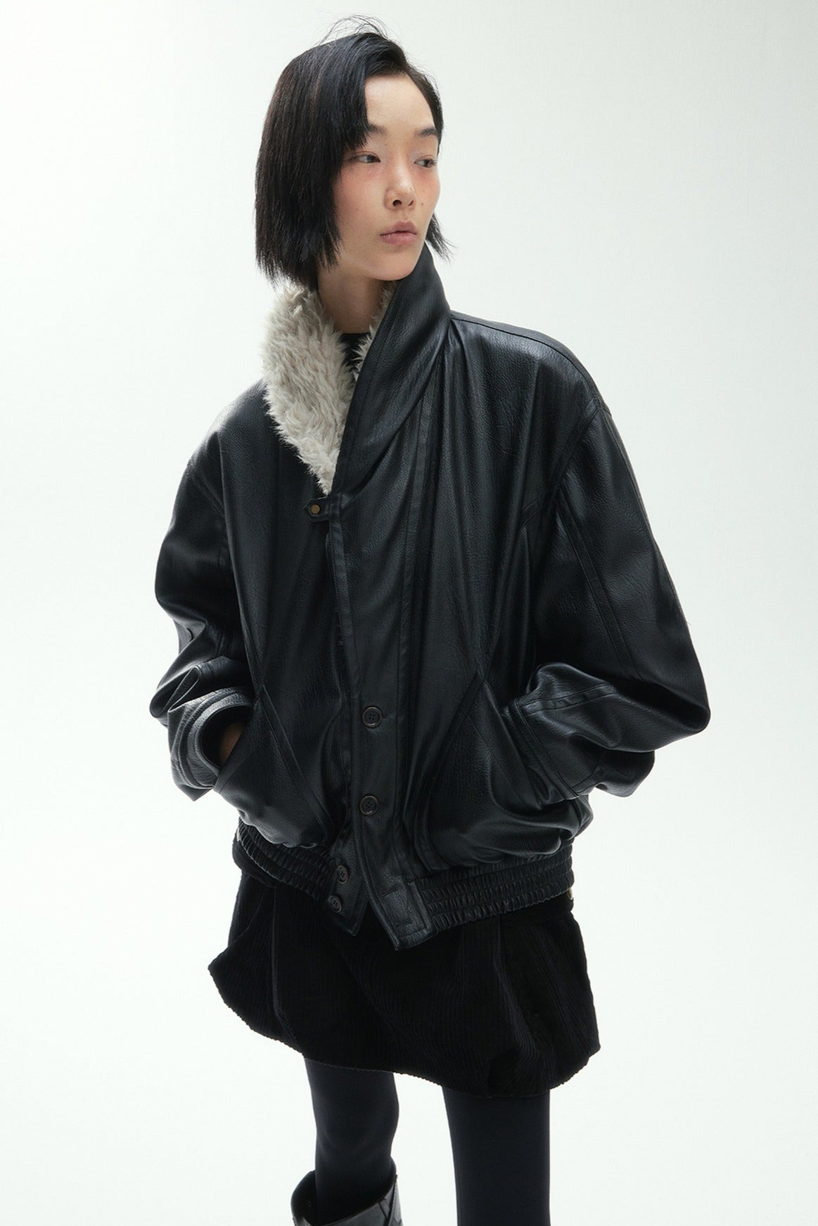 Retro-style fur-trimmed collar PU bomber puffer jacket | 2 color