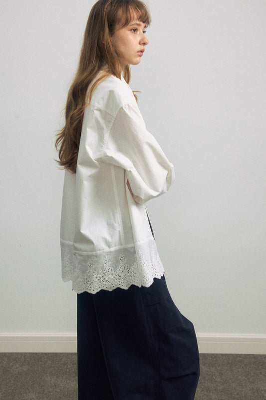 100% cotton mid-length lace trim hem shirt | 3 color