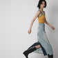 Cotton patchwork contrasting raw edge denim skirt | 2 color
