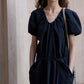 Cotton blend bubble-sleeved cocoon V-neck dress | 2 color