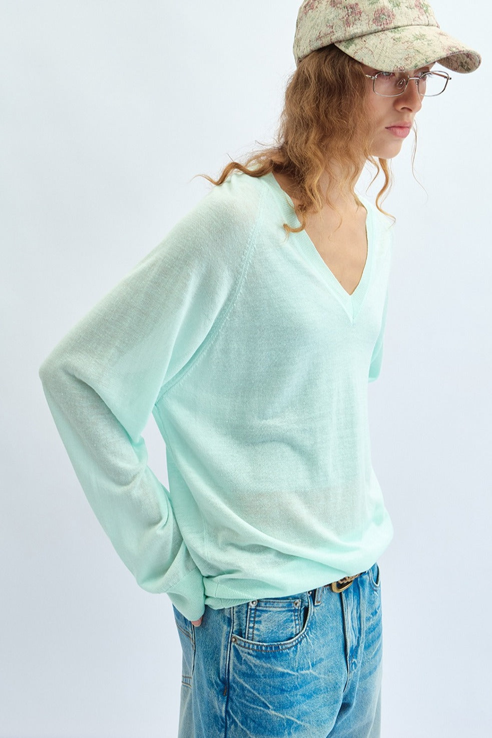 Lyocell-hemp sheer v-neck knit T-shirt | 4 color