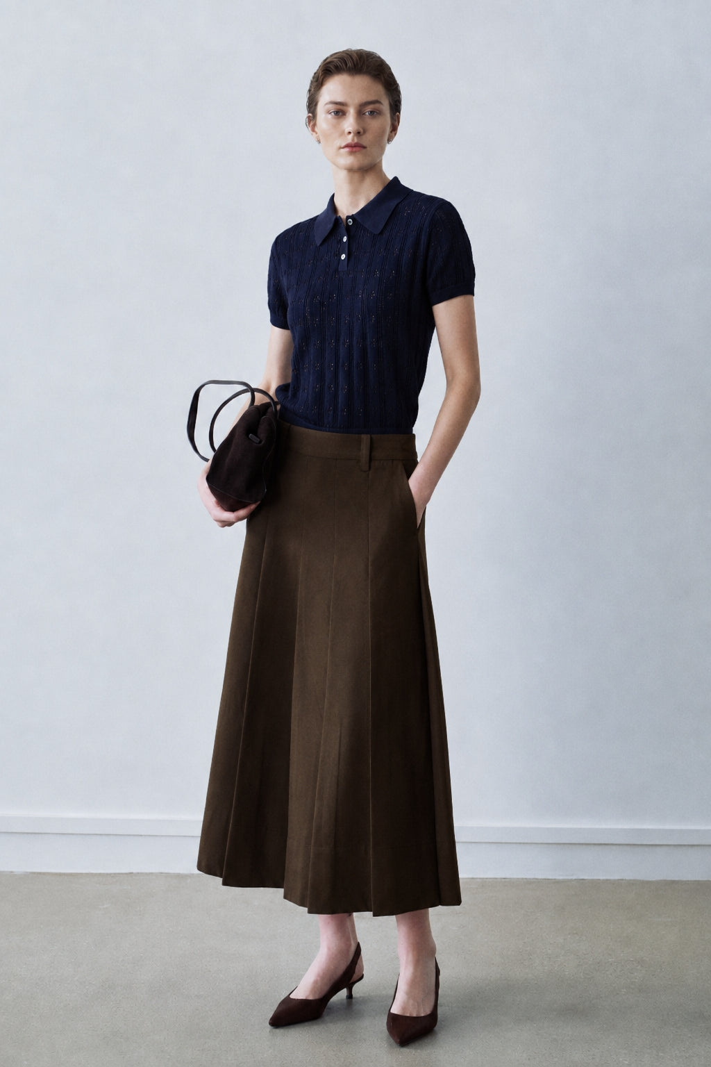 Tailored A-line pleated midi skirt | 3 color