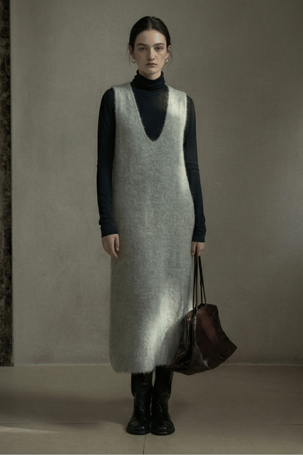 Vestido tipo chaleco de felpa con cuello en V en mezcla de lana de alpaca | 3 colores