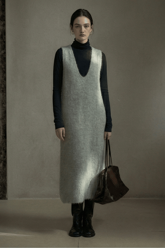 Alpaca wool blend V-neck plush vest dress | 3 color