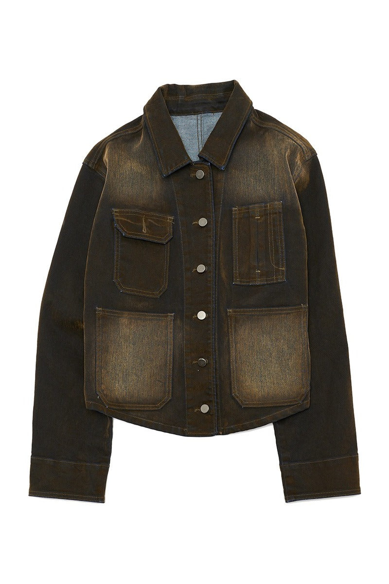 Vintage velvet-texture workwear denim jacket | 2 color