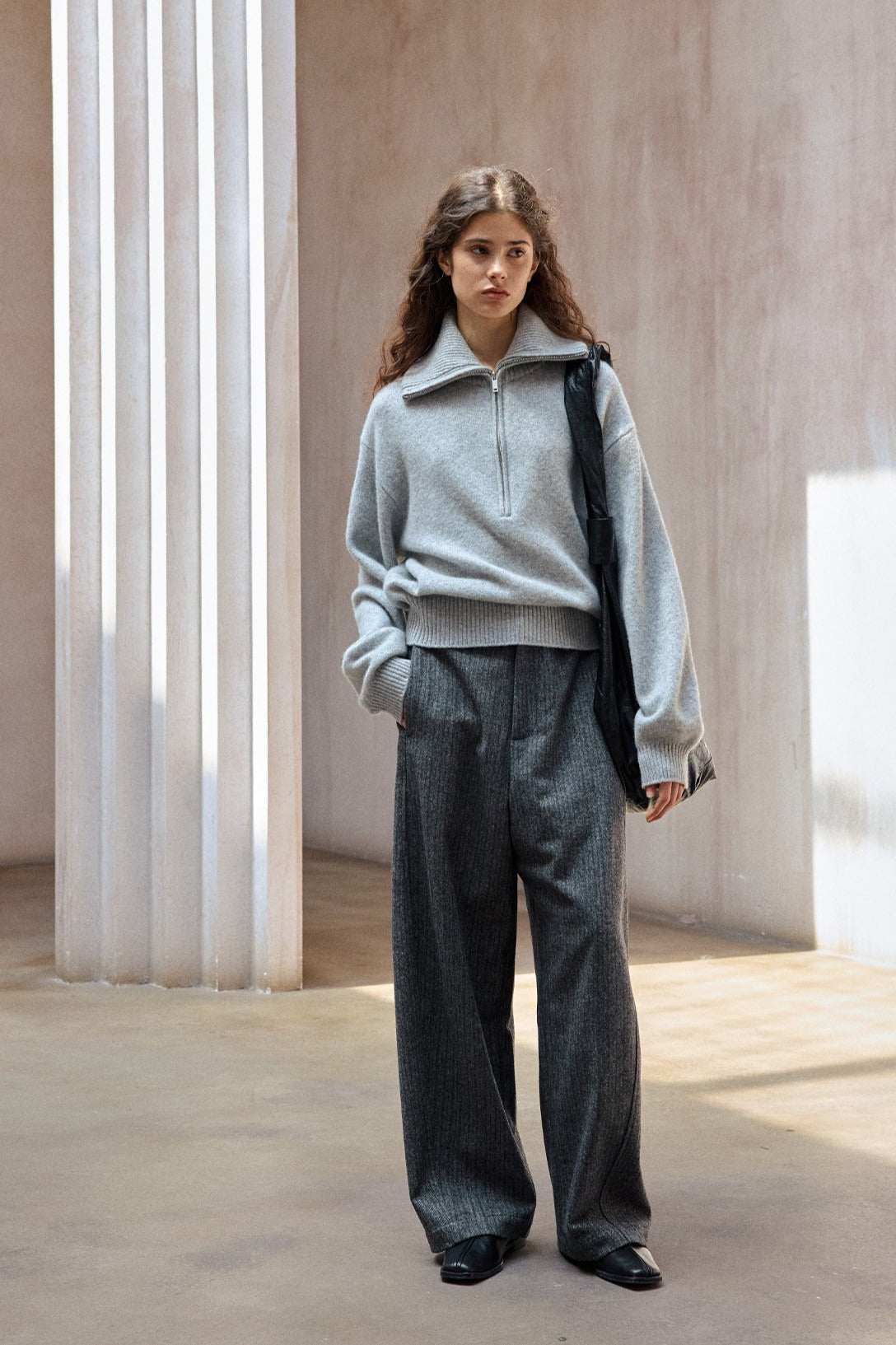 Wool blend herringbone texture loose fit casual pants | 2 color