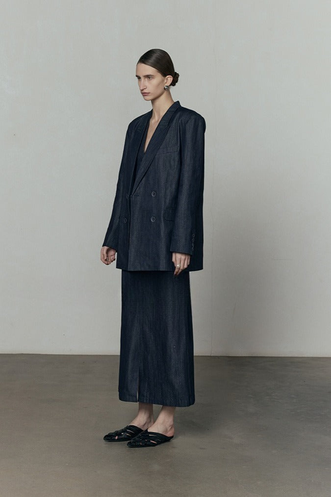 Cotton-Tencel-ramie denim midi skirt