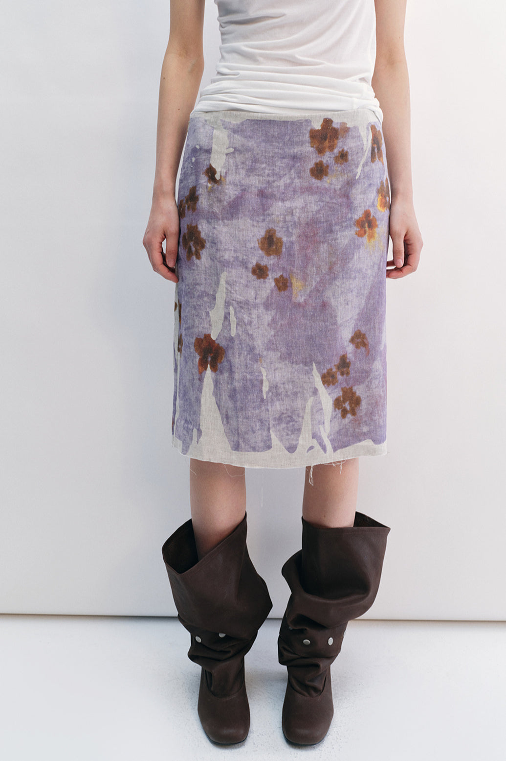100% linen print raw edge straight skirt | 2 color