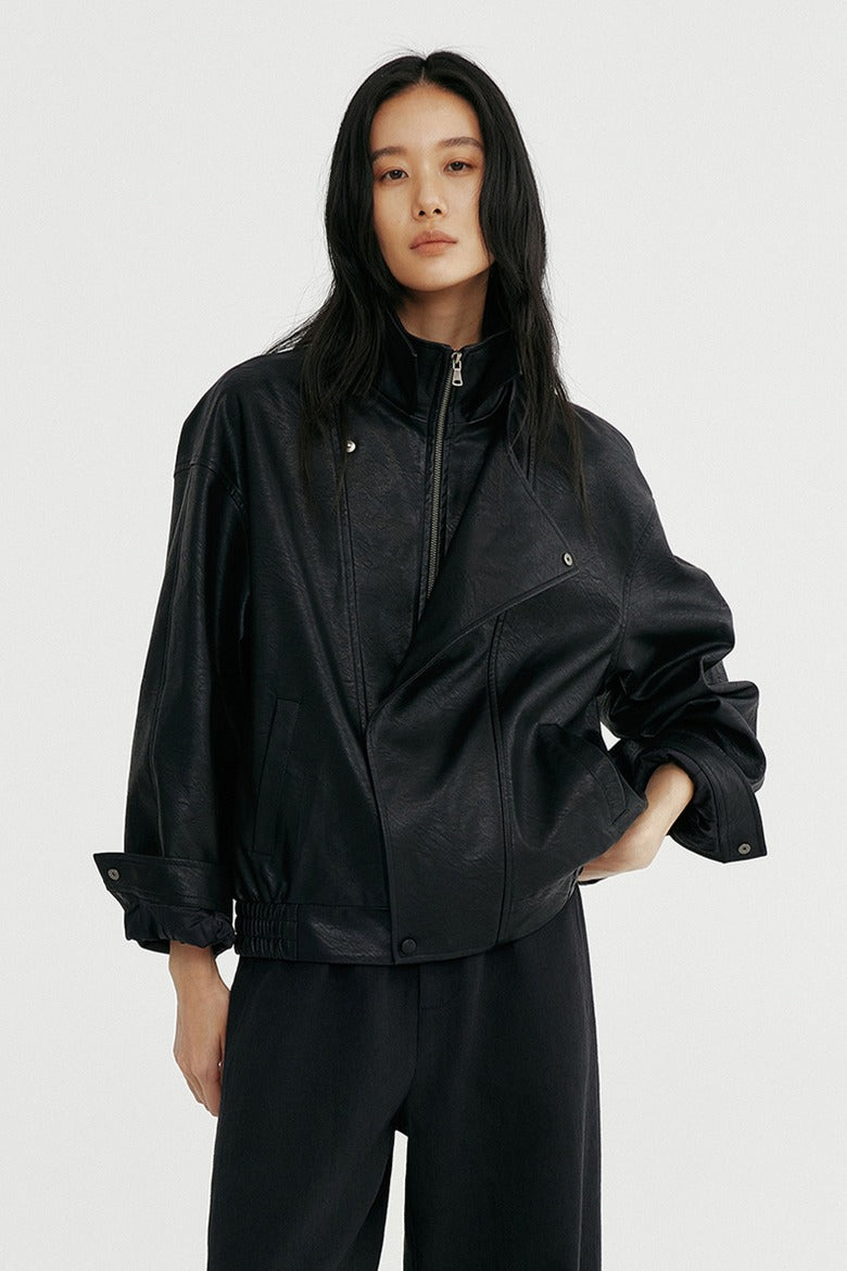 PU blend sleek panel retro style jacket | 2 color