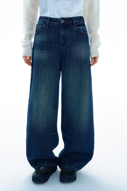 Cotton denim vintage-washed fleece-lined jeans | 2 color