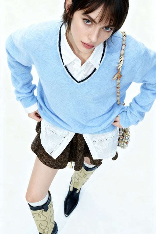 Wool blend soft touch lightweight V-neck sweater | 3 color