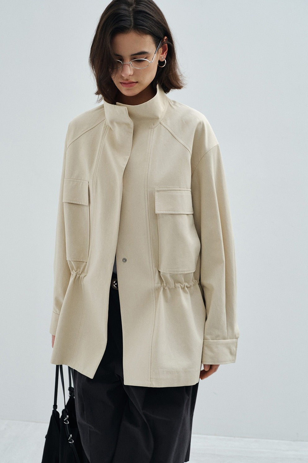 Viscose-cotton waisted short trench jacket | 2 color
